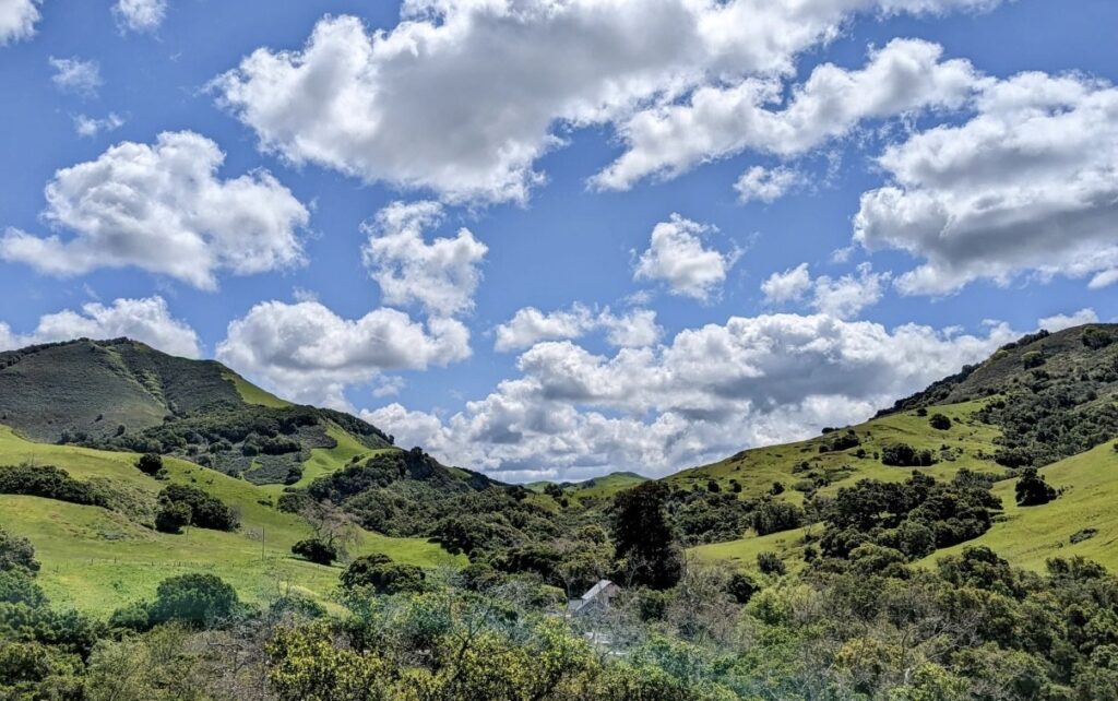 A scenic landscape with rolling green hills, scattered trees, a small white house, and a blue sky filled with fluffy white clouds.